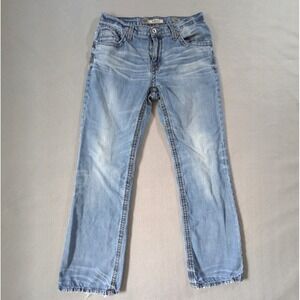 BKE  Derek Jeans Mens 33x34 Bootcut Distressed Light Wash Whiskered Cotton Denim